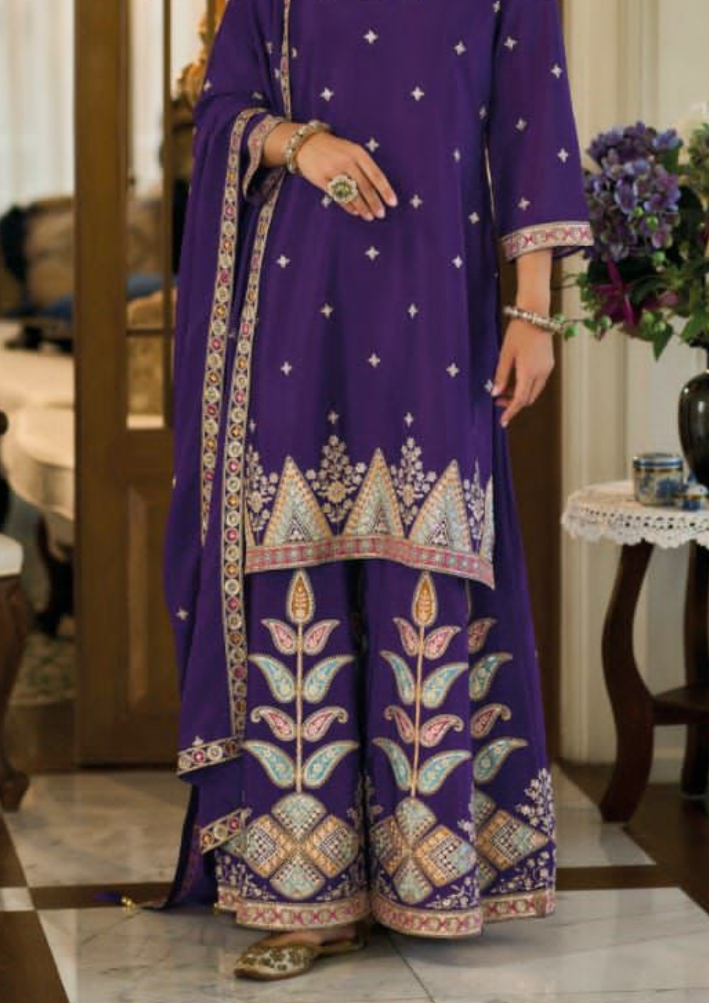 Lovely Violet Color  Embroidery Palazzo Suits With Dupatta In USA