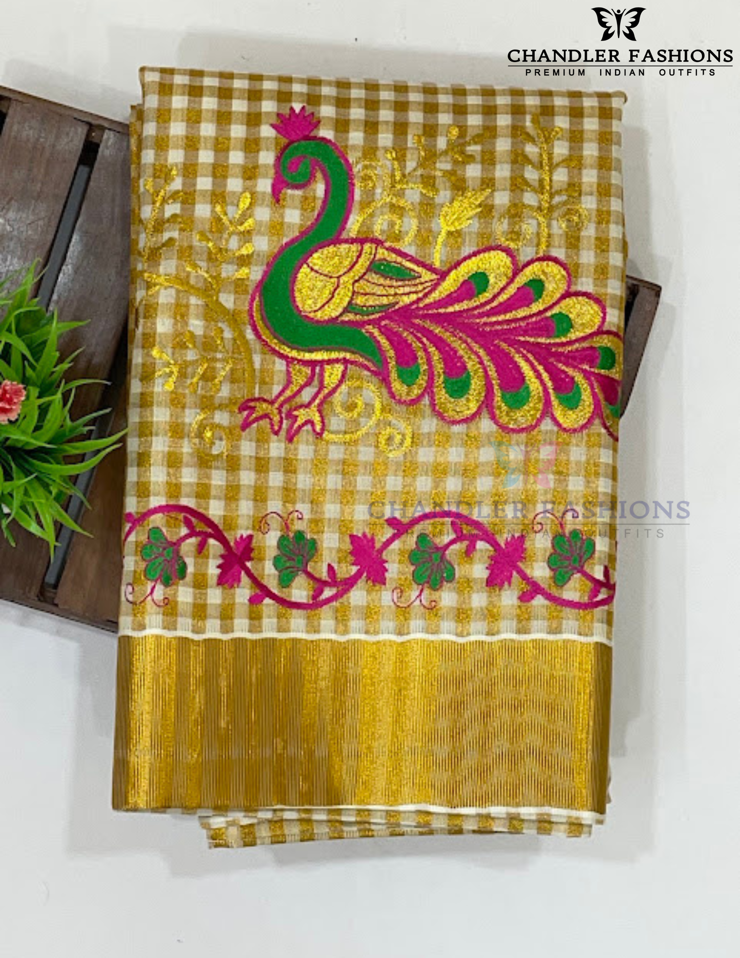 Attractive Kerala Cotton Peacock Embroidery Saree With Copper Zari Border For Women Near Me