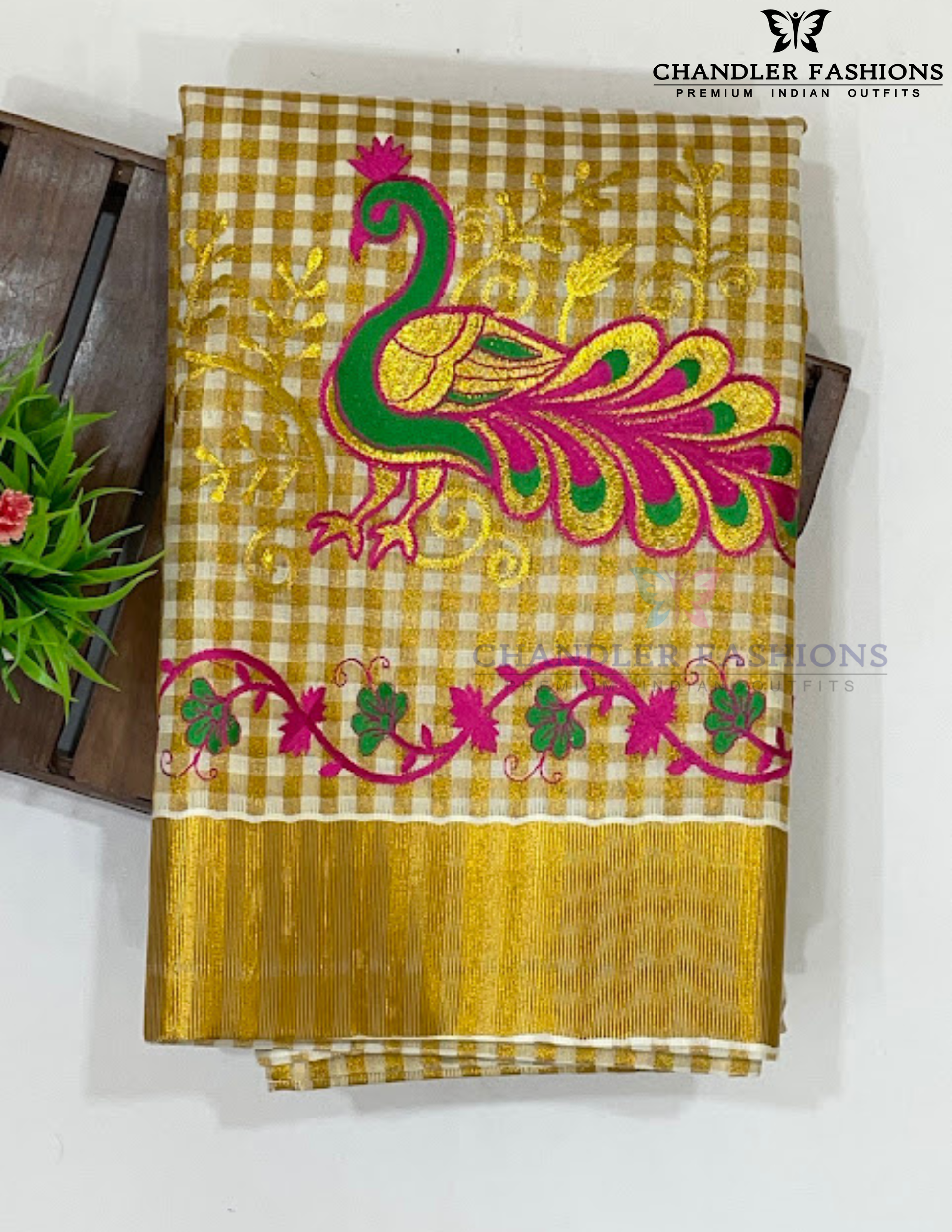 Attractive Kerala Cotton Peacock Embroidery Saree With Copper Zari Border For Women Near Me