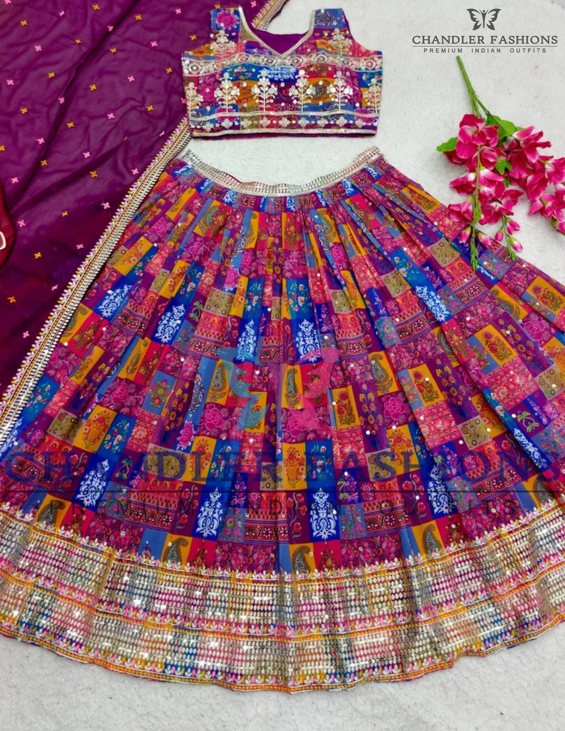 Elegant Multicolor Color Heavy Faux Georgette Lehenga in Tempe