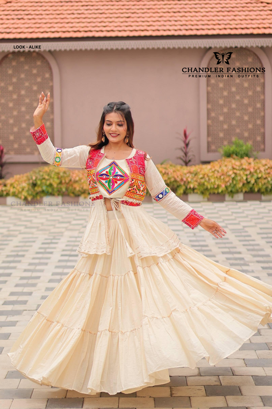 Attractive White Colored Gamthi And Mirror Lace Work Chaniya Choli Sets For Women