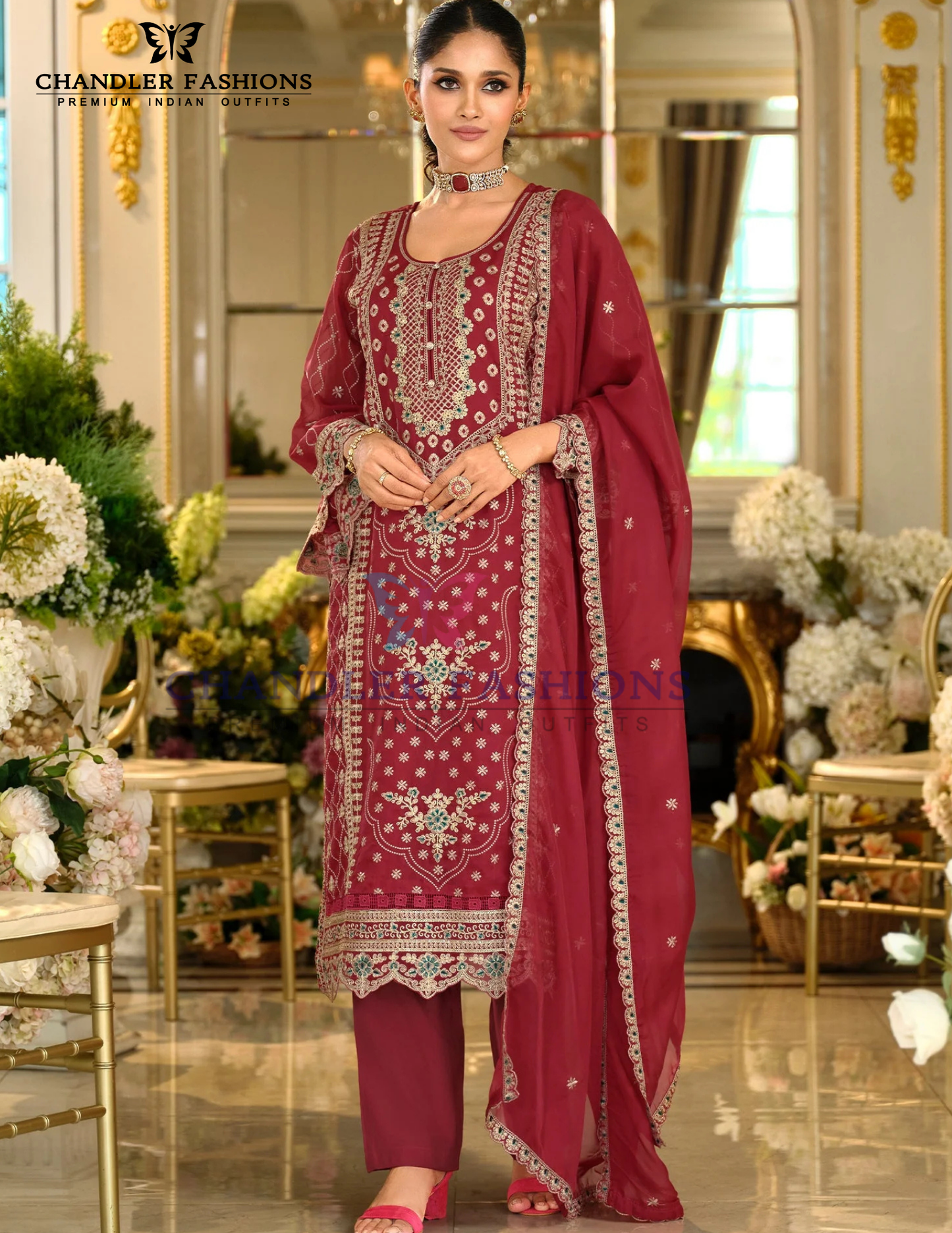 Charming Maroon Color Soft Organza With Embroidery Work Salwar Suits For Women
