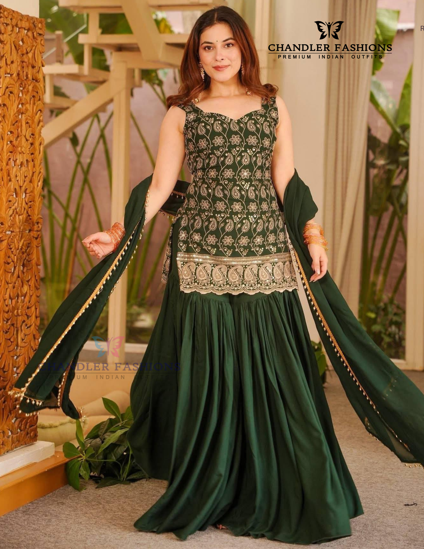 Pleasing Green Color Faux Georgette Palazzo Suit In USA