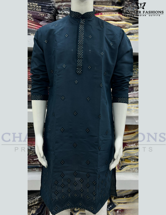 Elegant Teal Bue Color Silk Kurta With Embroidery Work Pajama For Men