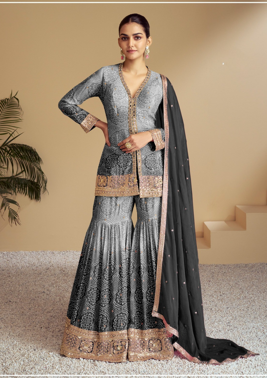 Pretty Black Color Chinon With Embroidery And Sequins Work Sharara Suits For Women