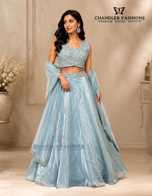 Pretty Light Blue Color Organza With Sequins And Embroidery Work Lehenga Choli For Women