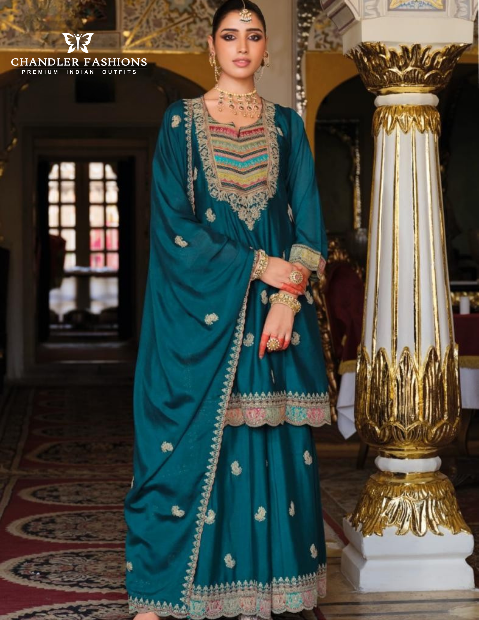Heavy Chinon Palazzo Suits With Embroidery Work In USA