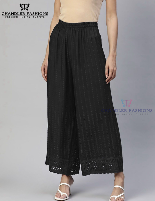 Splendid Black Color Rayon With Chikankari Work Palazzo Pant For Women