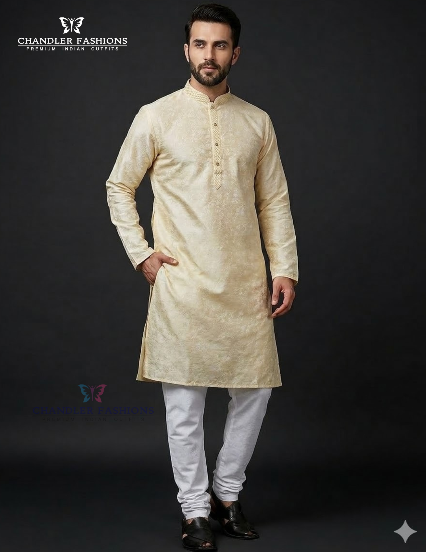 Elegant Ivory Color Brocade Men's Kurta With Cotton Pajama Pant