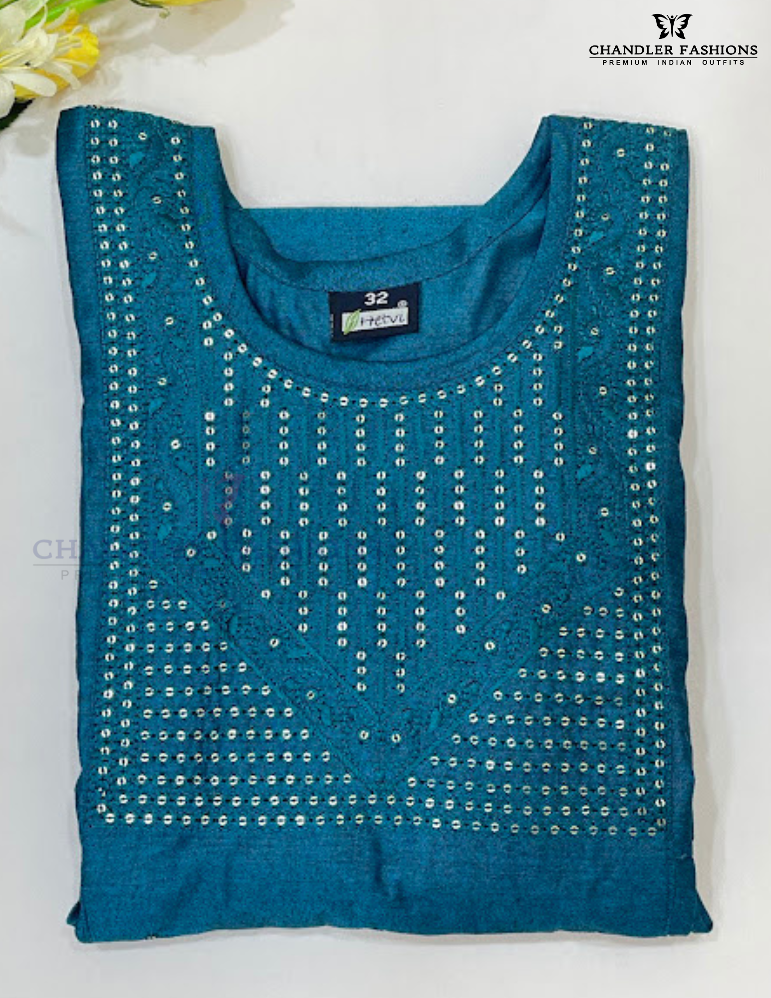 Teal Blue Color Embroidery And Sequins Work Kurti In USA