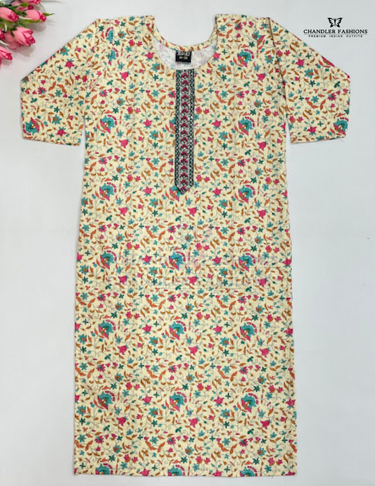 Attractive Multicolor Cotton With Thread Work Kurti For Girls