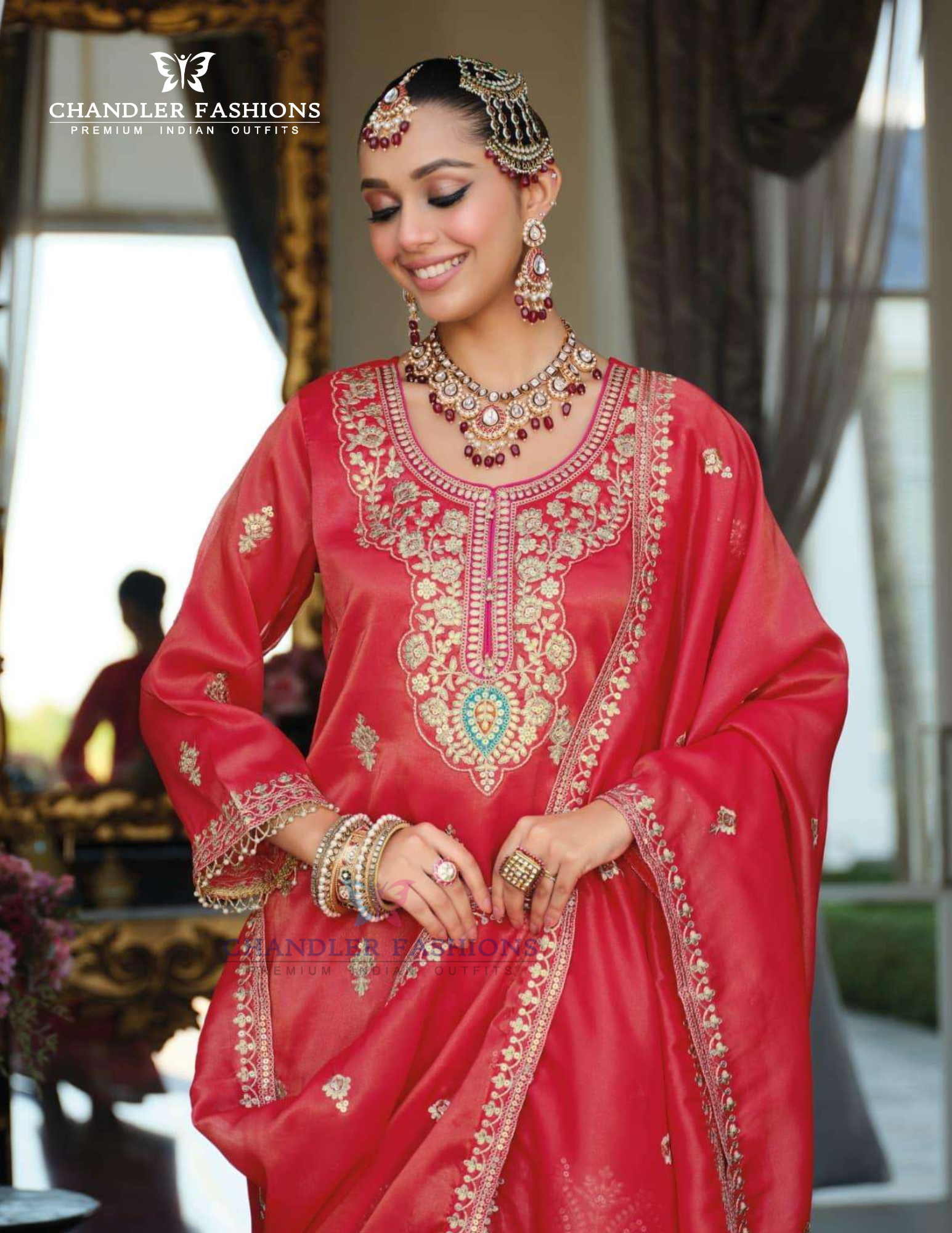 Red Color Shimmer With Embroidery Work Palazzo Suits Near Me