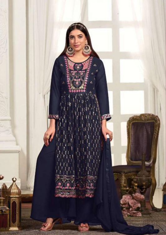 Appealing Blue Color Embroidery Work Kurti With Palazzo Suits