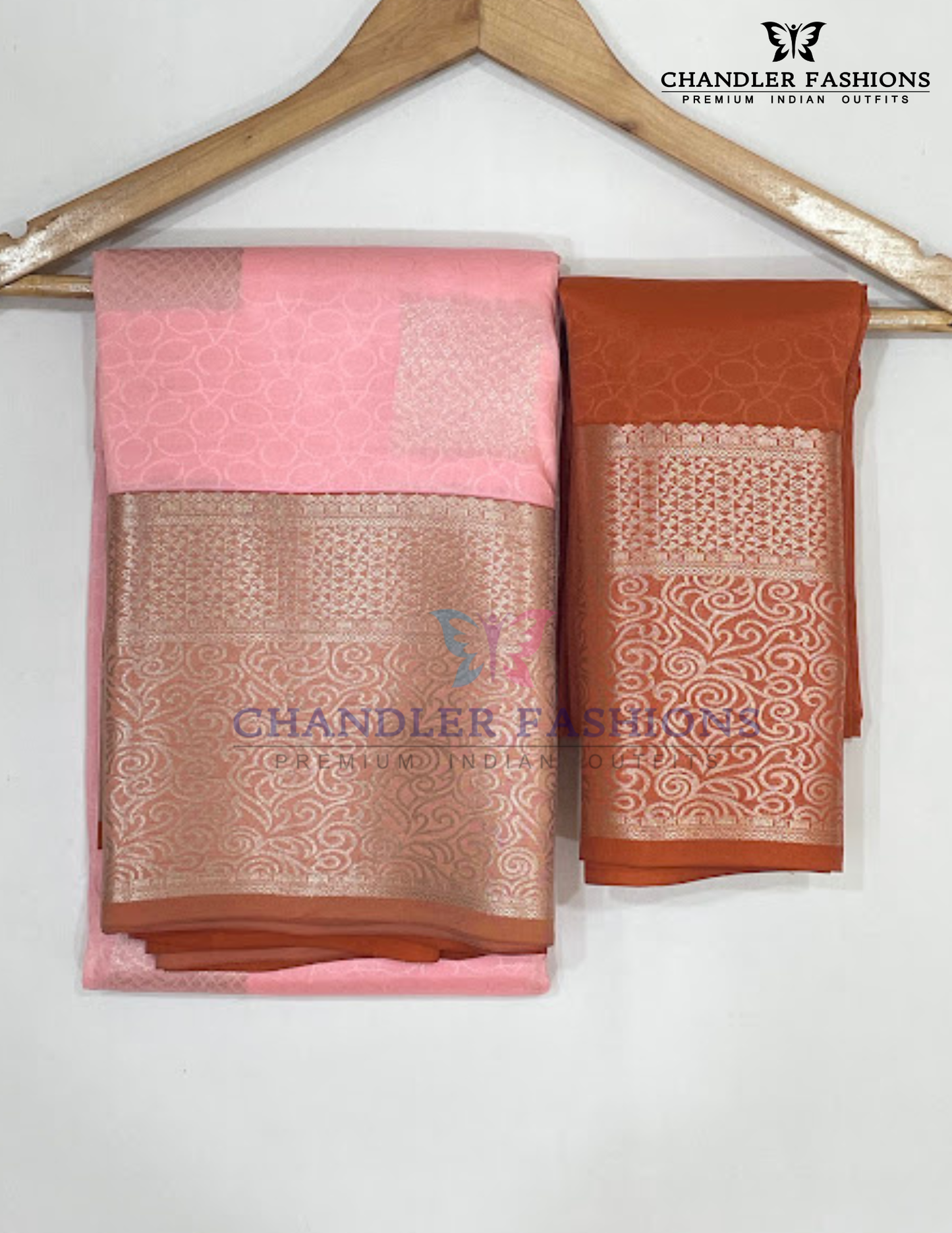 Light Pink Color Pure Kanchi Silk With Orange Border Saree In USA