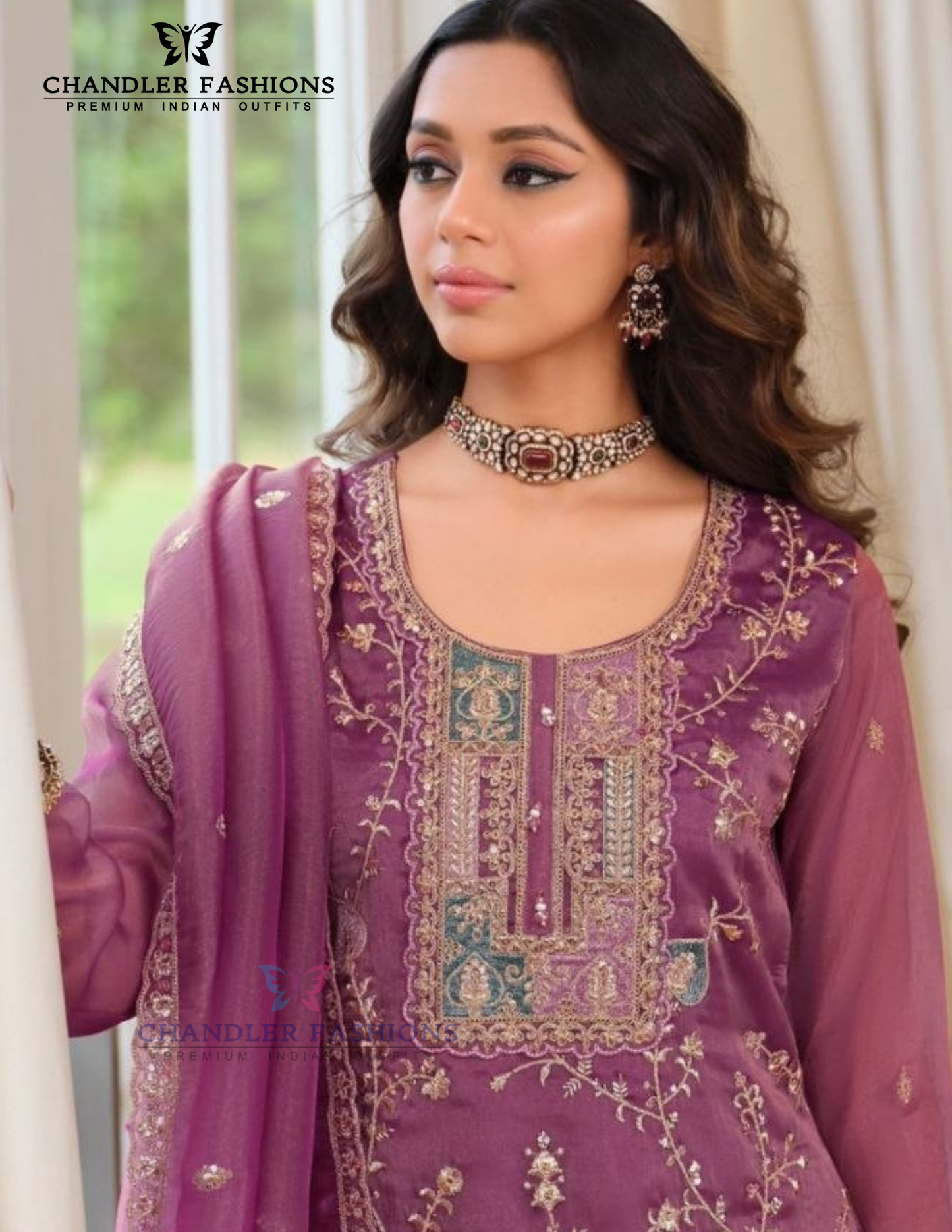 Purple Color Shimmer With Embroidery Work Palazzo Suits In Mesa