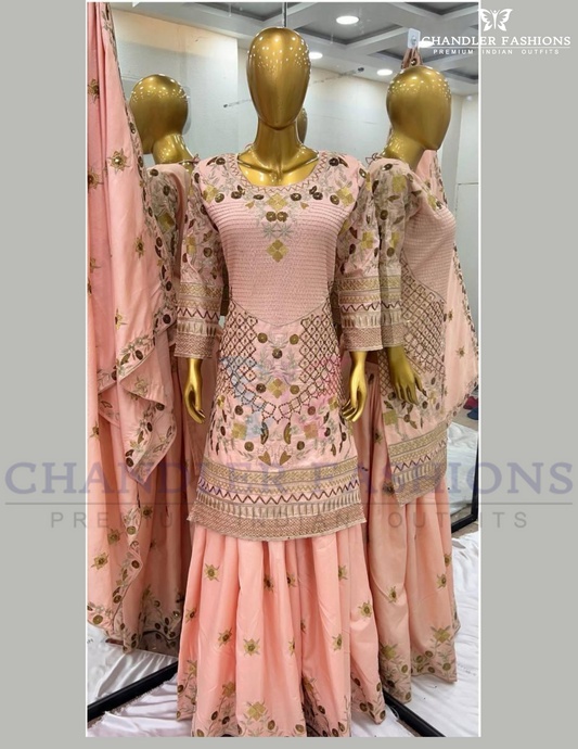 Charming Peach Color Jalpari Cotton Embroidery Work And Designer Party Wear Palazzo Suits
