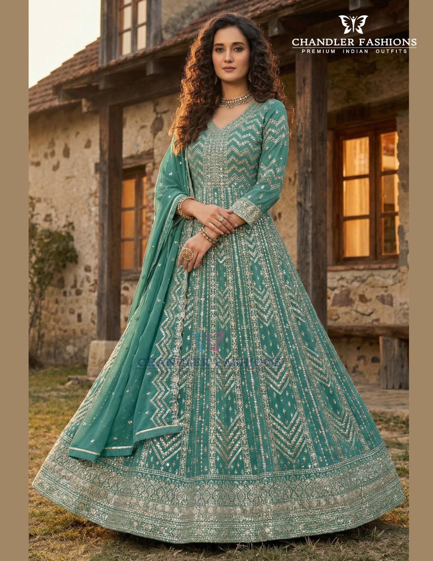 Gorgeous Teal Green Color Premium Georgette With Heavy Zari And Thread Embroidery Work Anarkali Gown
