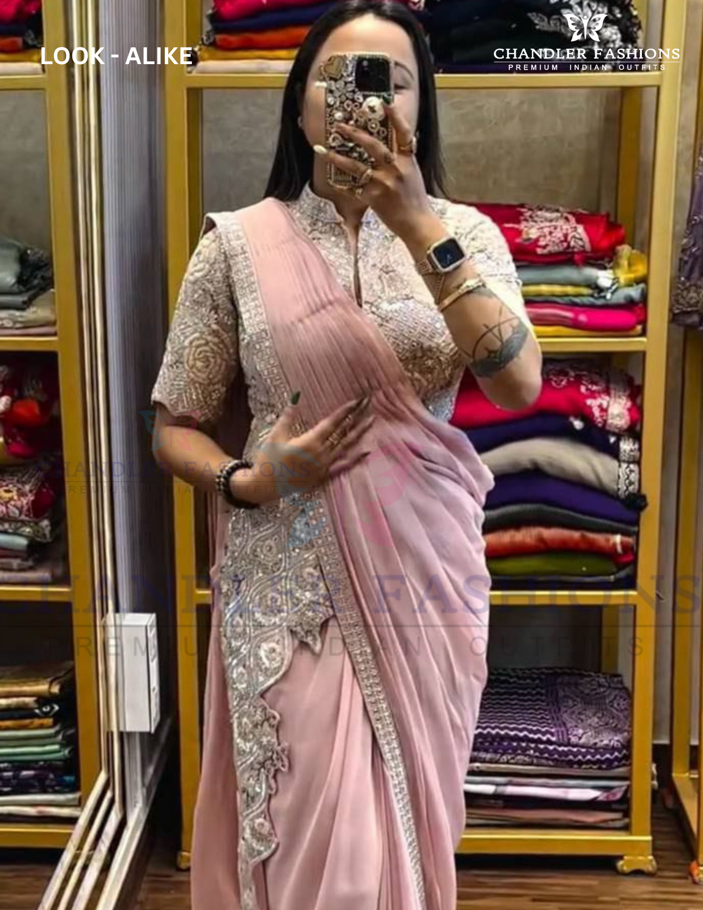 Light Pink Color Ready To Wear Chinon Embroidery Saree Near Me