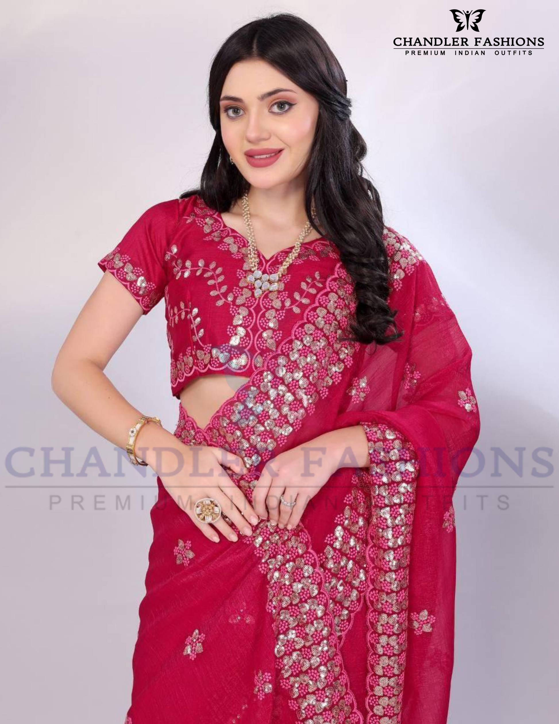 Red Color Gold Tussar Sequins Saree With Embroidery Work Near Me