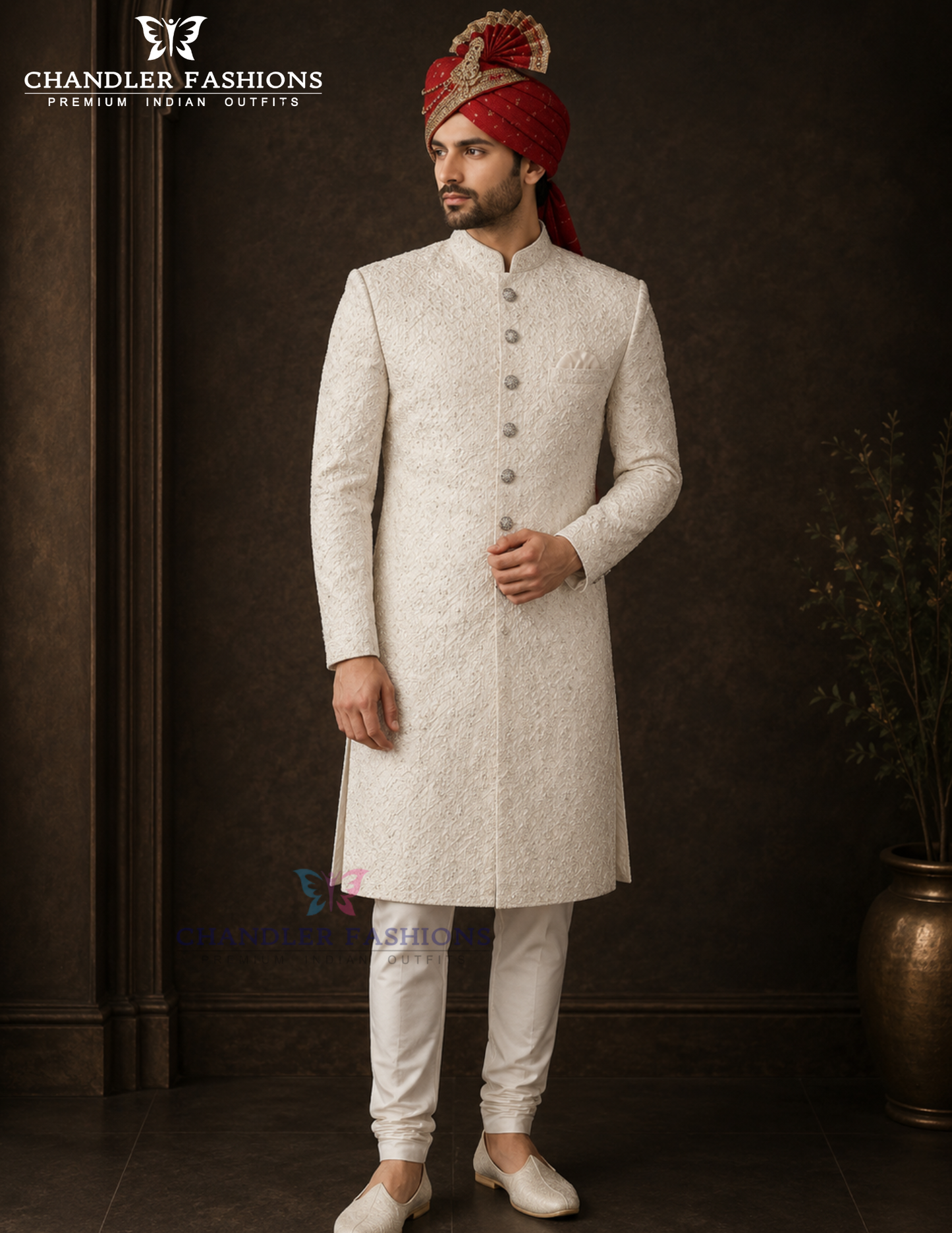 Premium Designer Vivaah Hand Embroidery Silk Sherwani Suit For Men - Ivory