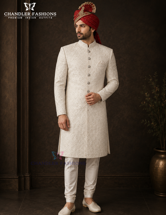 Premium Designer Vivaah Hand Embroidery Silk Sherwani Suit For Men - Ivory