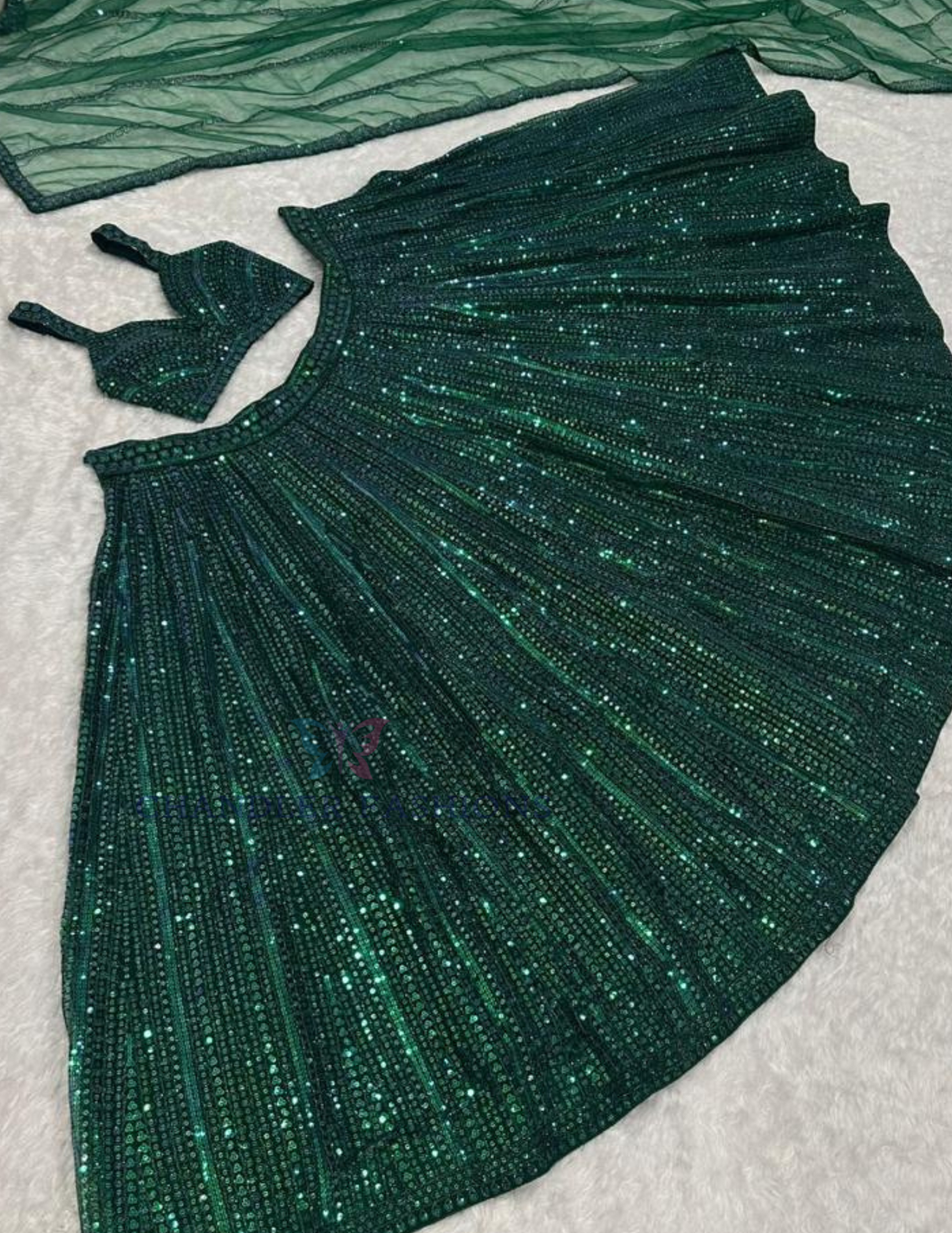 Green Color Rainbow Sequins And Dori Work Lehenga In Yuma