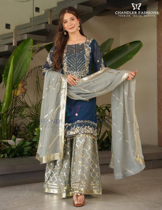 Attractive Blue Color Georgette With Embroidered Sequins Work Sharara Suits For Women