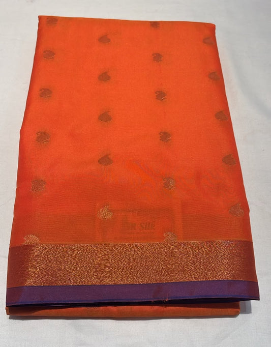 Alluring Orange Color Pure Kanchi Silk With Purple Color Border Gold Zari Work Saree For Women