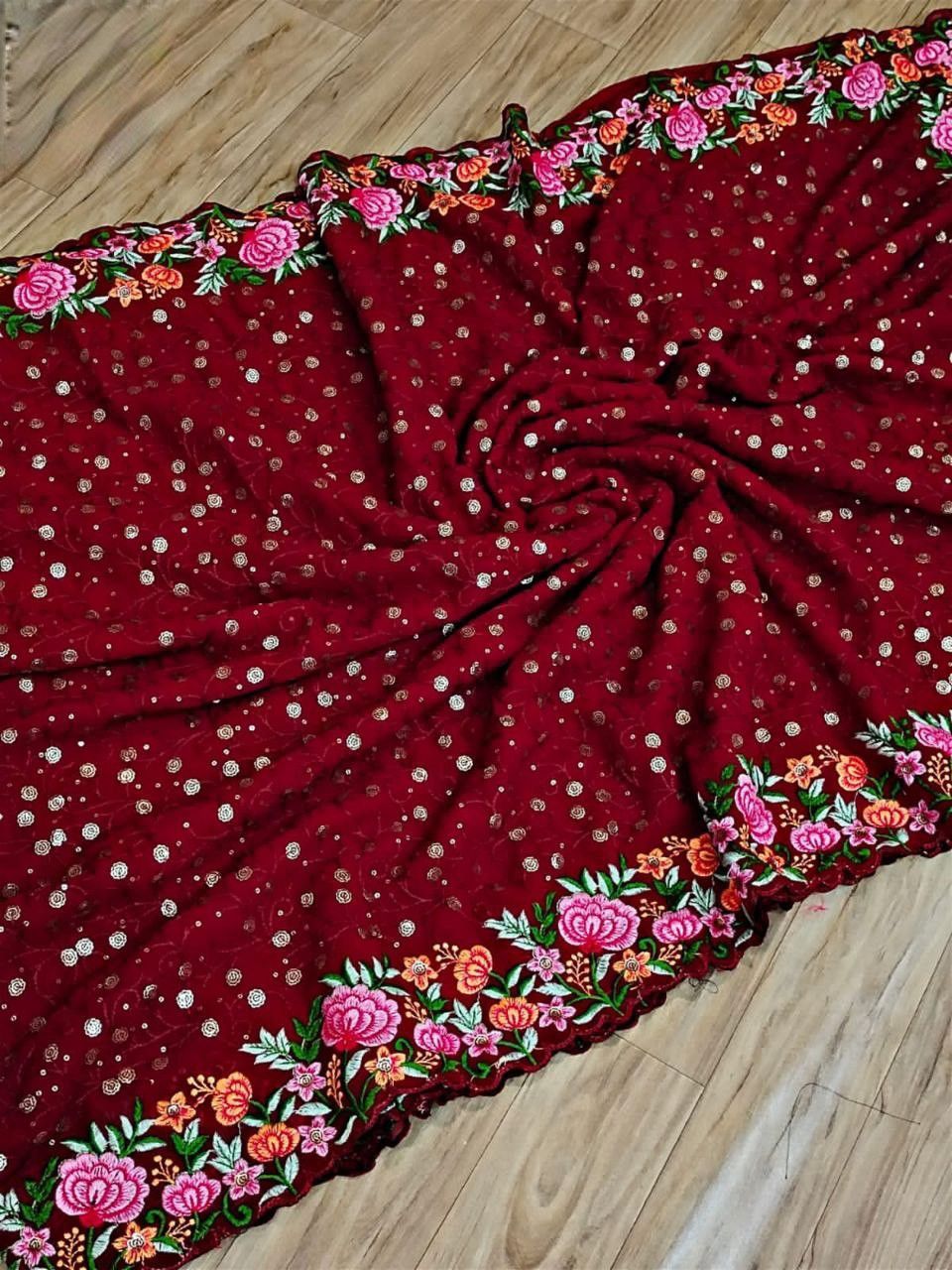 Attractive Red Color Thread Work Embroidery Sequins Georgette Saree For Women Near Me