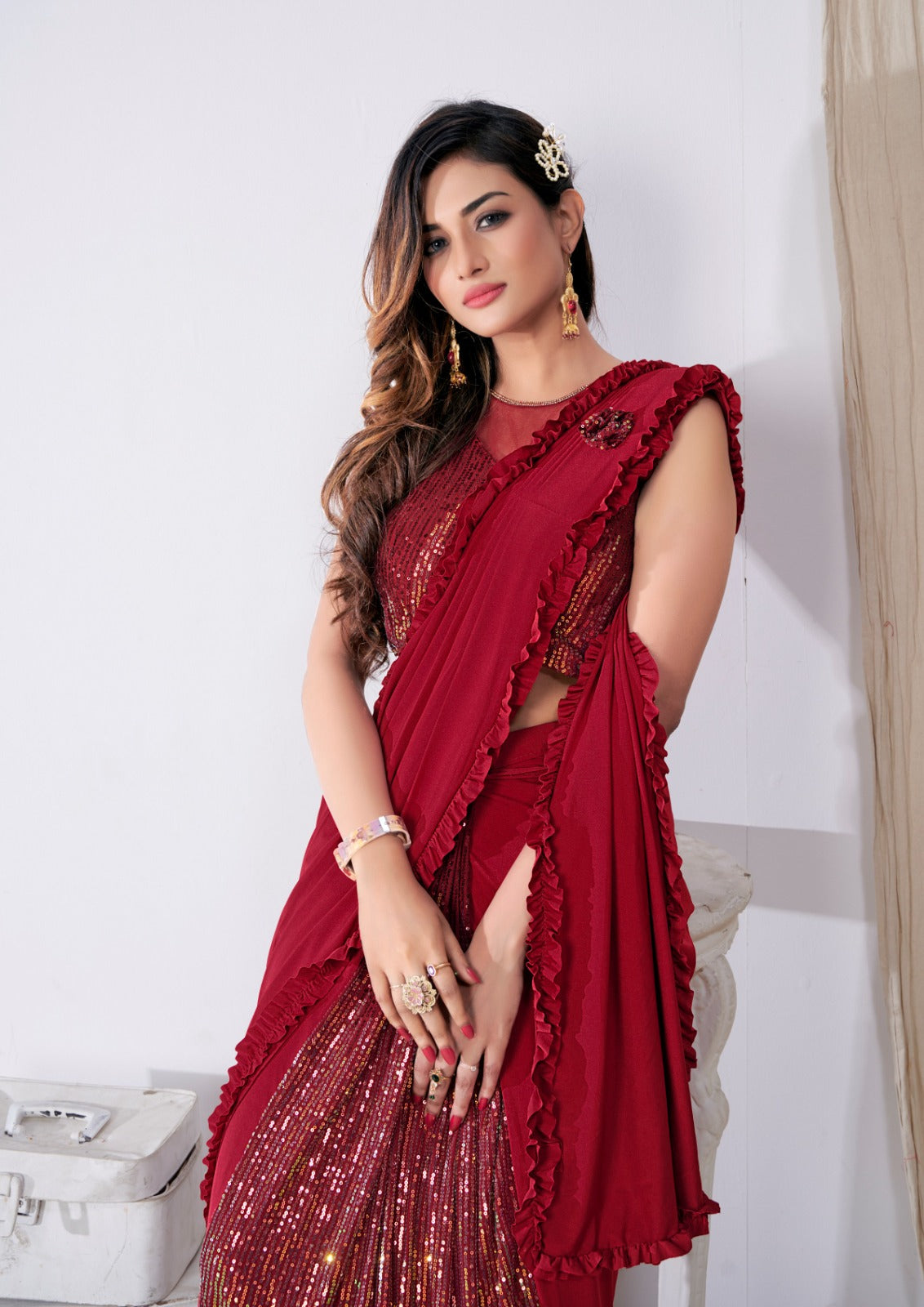 Beautiful Red Color Sequins Work Ready To Wear One Minute Designer Saree Near Me
