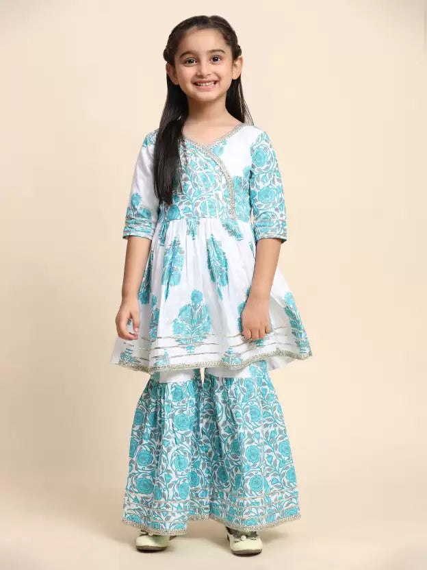 Elegant Sky Blue Colored Soft Cotton Kurta Sharara Suits For Girls