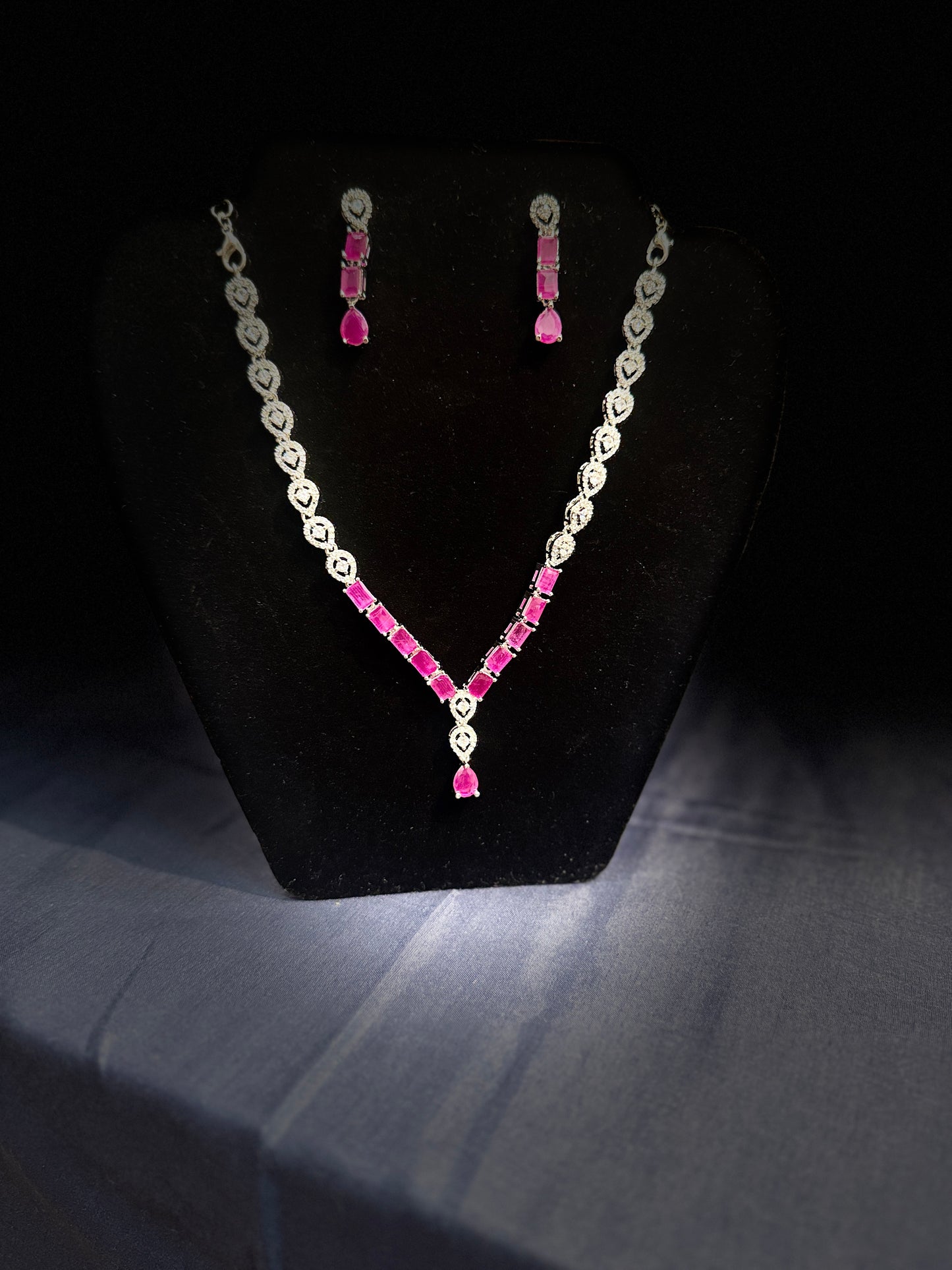 Alluring American Diamond Dark Pink Color Stones Necklace And Earrings Set In USA
