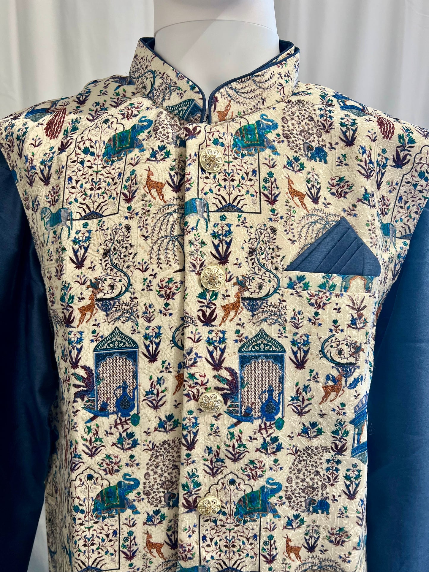 Fabulous Dark Blue Color Cotton With Printed Work Jacket Set For Men