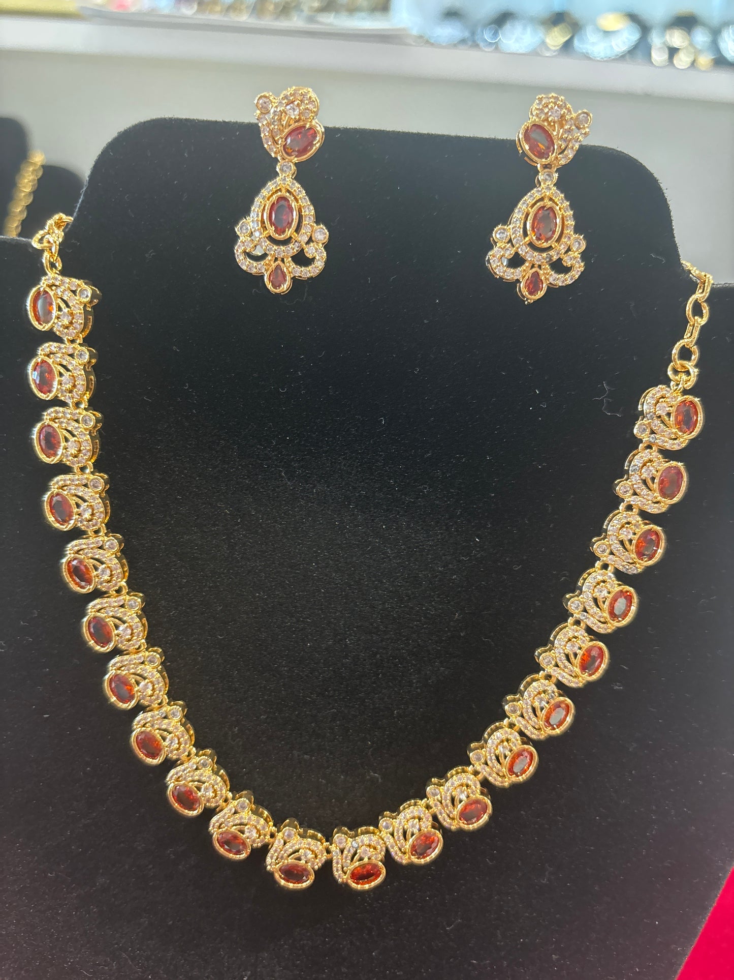 Elegant Ruby Red And White Stones Gold Plated Necklace Set With Earrings For Women