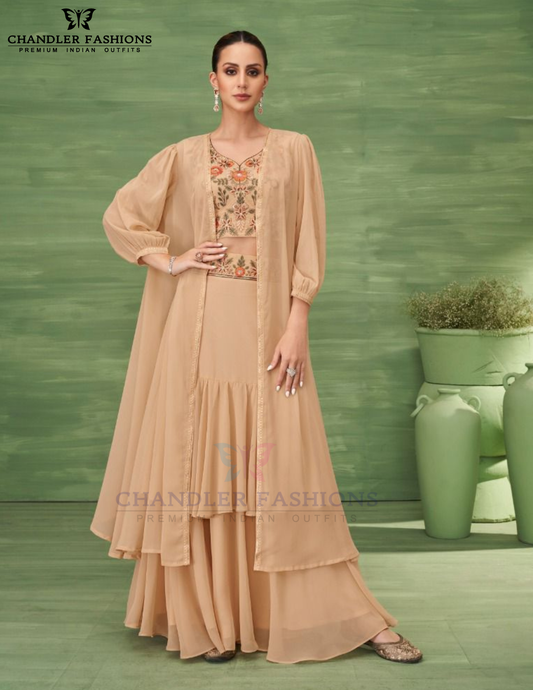 Elegant Sandal Color Chinon Indo Western Lehenga Choli For Women