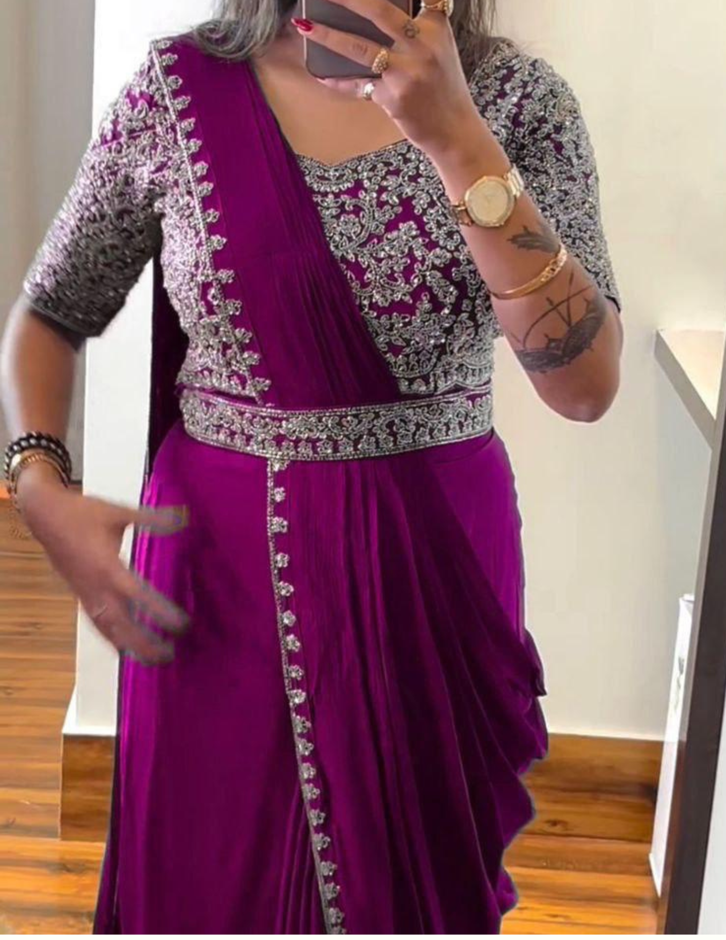 Purple Color Chinon With Embroidery Work Ready To Wear Saree Near Me