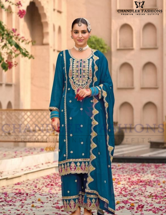 Charming Teal Blue Color Chinon With Embroidery Work Palazzo Suits For Women