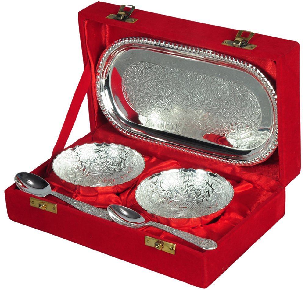 Royal Silver Embossed Dry Fruit Gift Set With Premium Red Velvet Presentation Box