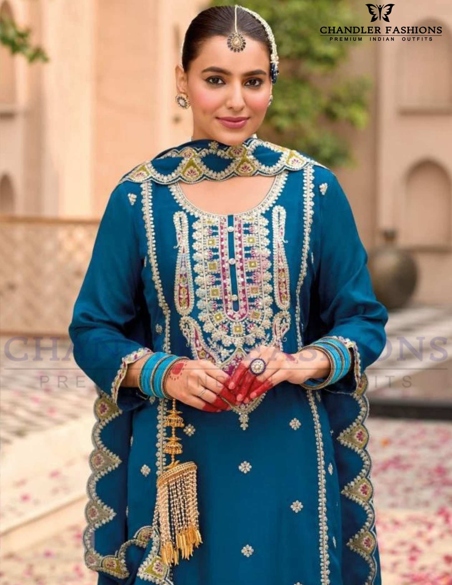 Charming Teal Blue Color Chinon With Embroidery Work Palazzo Suits Near Me