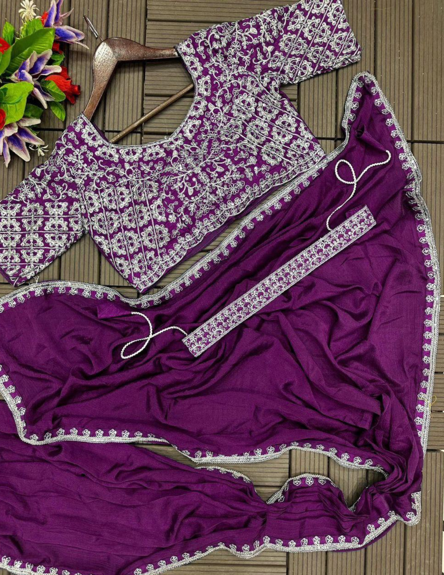 Purple Color Chinon With Embroidery Work Ready To Wear Saree In USA