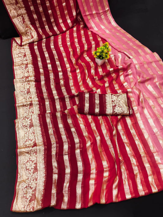 Attractive Red Color Pure Georgette Viscose Saree With Heavy Weaving Border And 3d Shade
