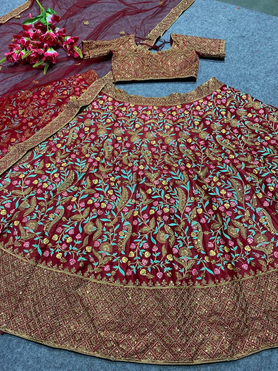 Alluring Maroon Color Embroidered Satin Silk Sequins Work Lehenga Choli For Women In Yuma