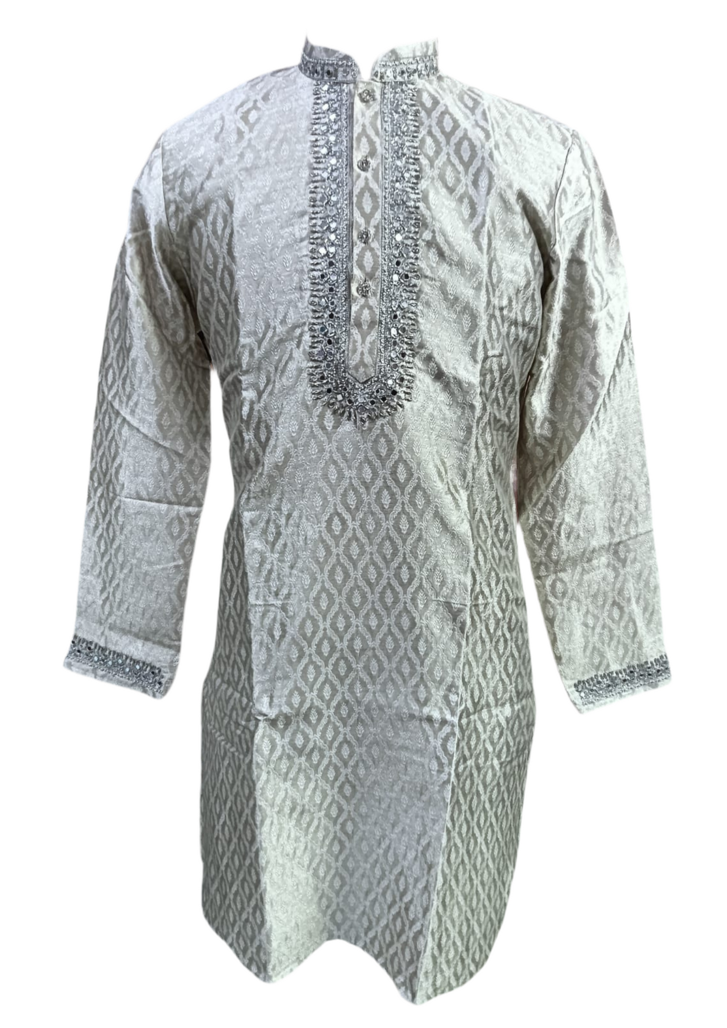 Dazzling Silver Color Mirror Embroidery Work Kurta With Pajama Sets For Men