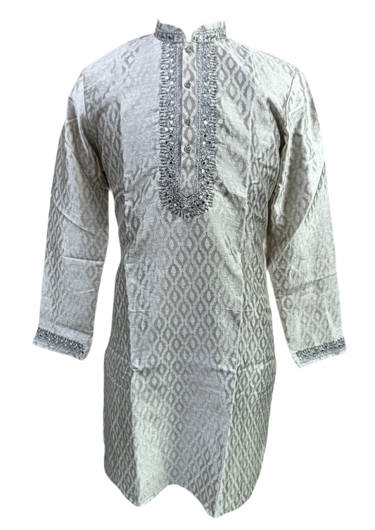 Dazzling Silver Color Mirror Embroidery Work Kurta With Pajama Sets For Men