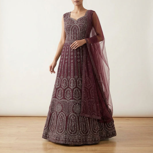 Stunning Wine Color Georgette Silk With Silver Embroidery And Sequins Work Anarkali Gown For Women