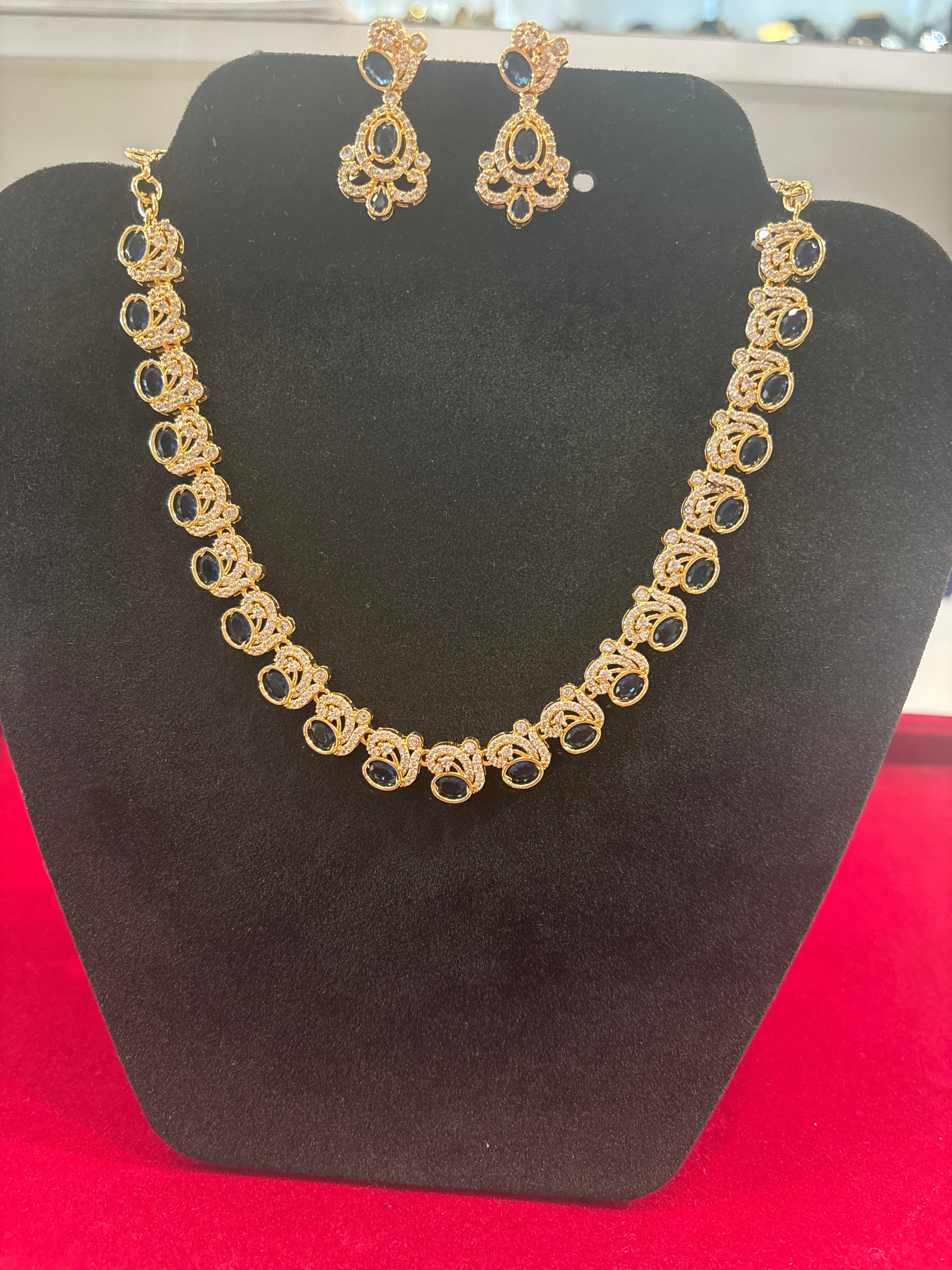 Elegant Blue And White Stones Gold Plated Necklace Set With Earrings