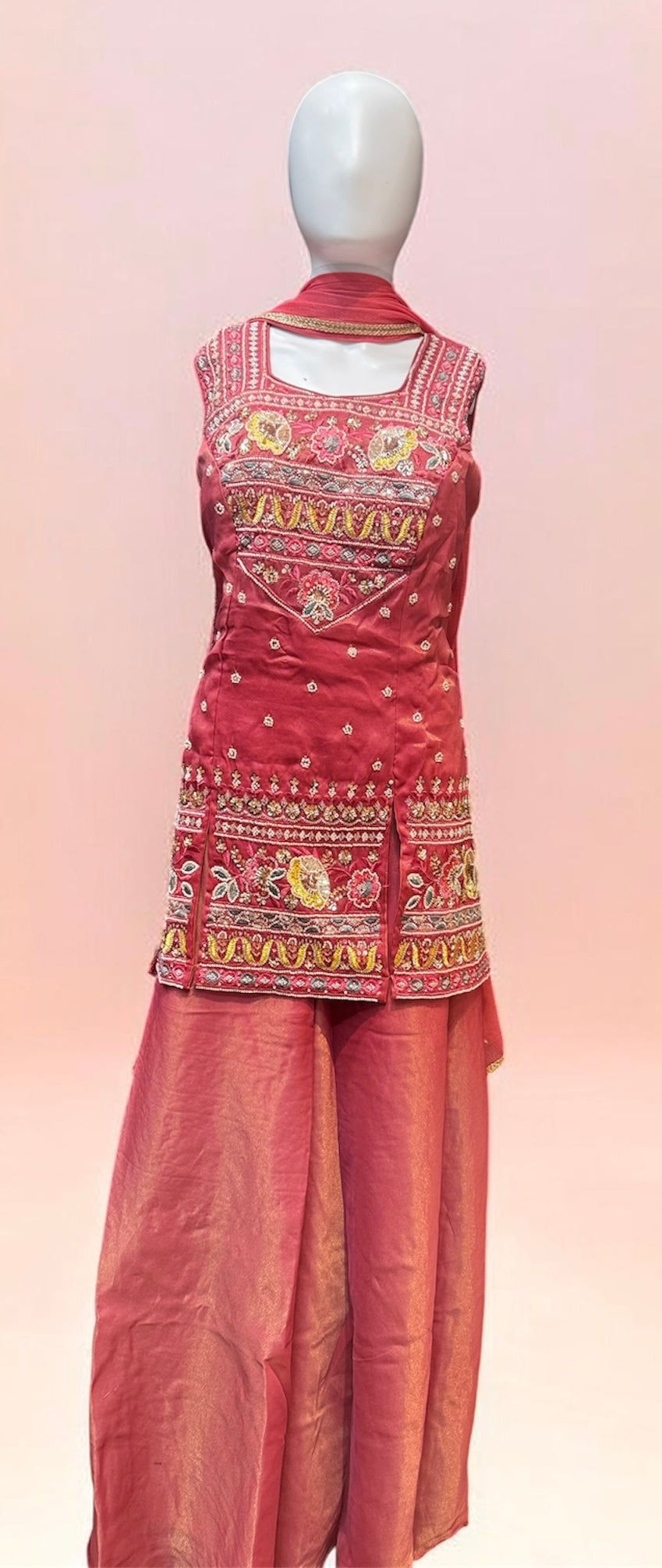 Attractive Rani Pink Color Silk With Embroidery Work Sharara Suits With Dupatta For Women