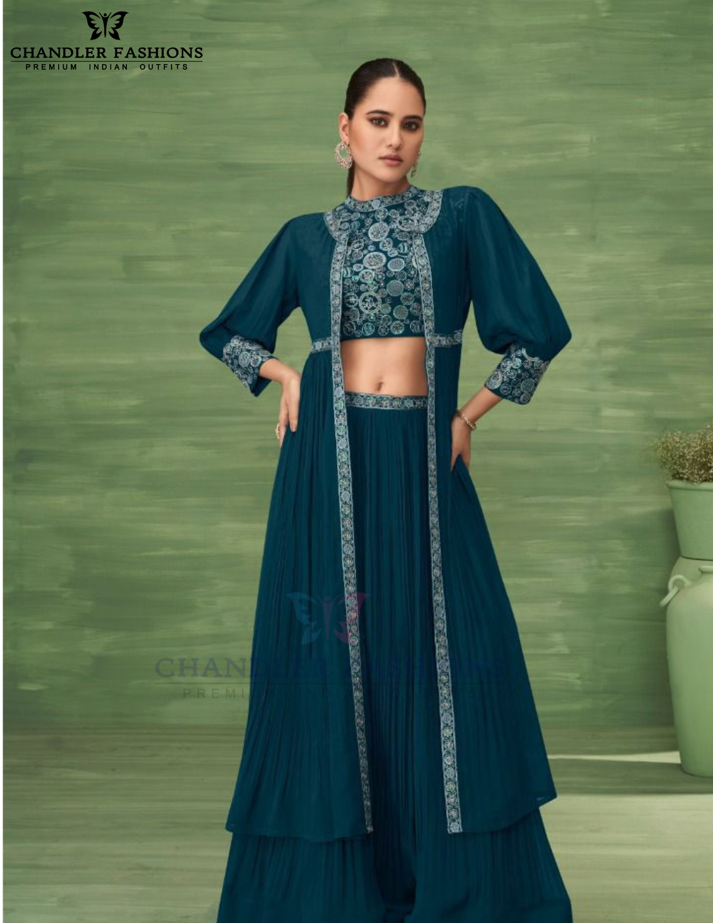 Attractive Teal Blue Color Chinon Indo Western Lehenga Choli For Women