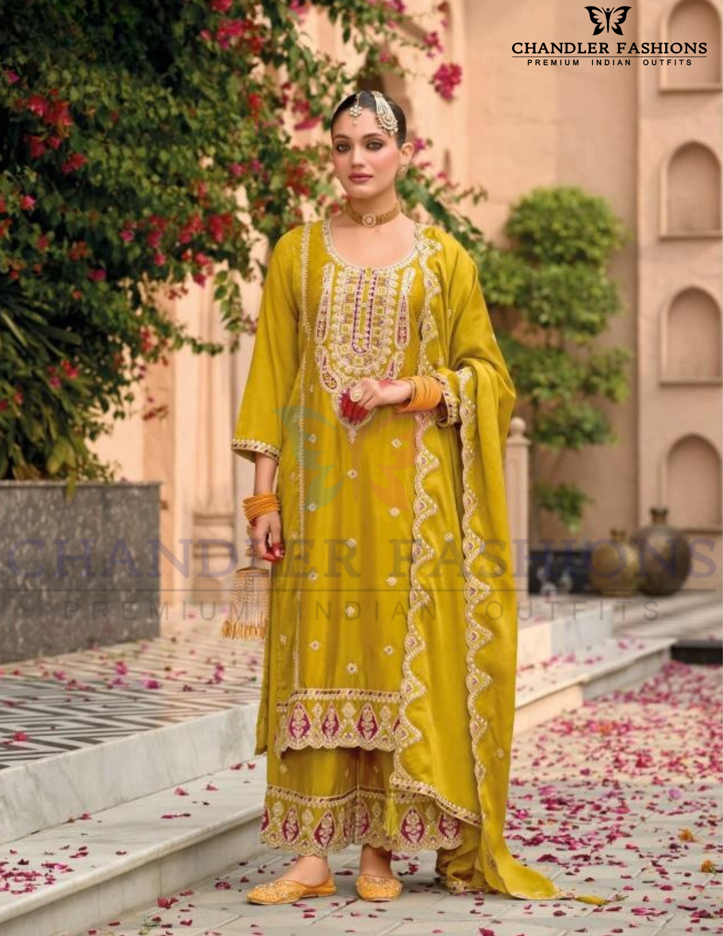 Delightful Mustard Yellow&nbsp;Color Chinon With Embroidery Work Palazzo Suits For Women