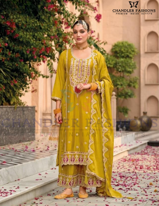 Delightful Mustard Yellow&nbsp;Color Chinon With Embroidery Work Palazzo Suits For Women